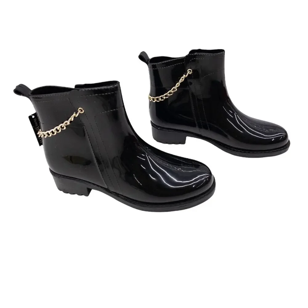 Henry Ferrera Black Patent Chain Accent Relax Urban Chic Rain Boots 9 Women's